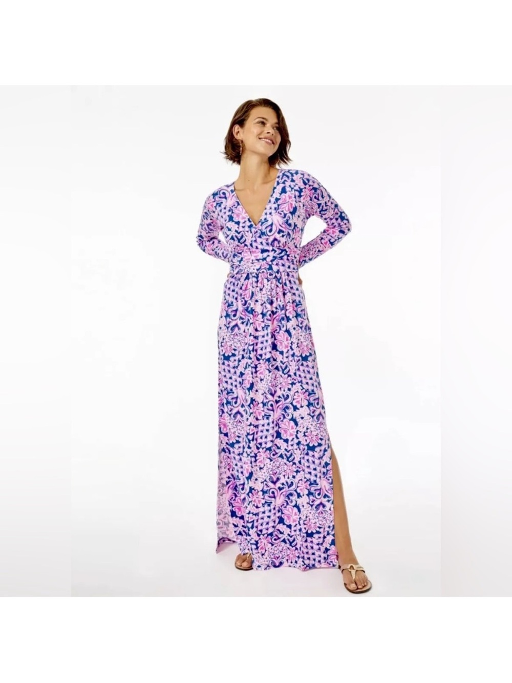 Lilly Pulitzer Pink & Blue Floral Wrap Maxi Nichola Dress indigo love bunches